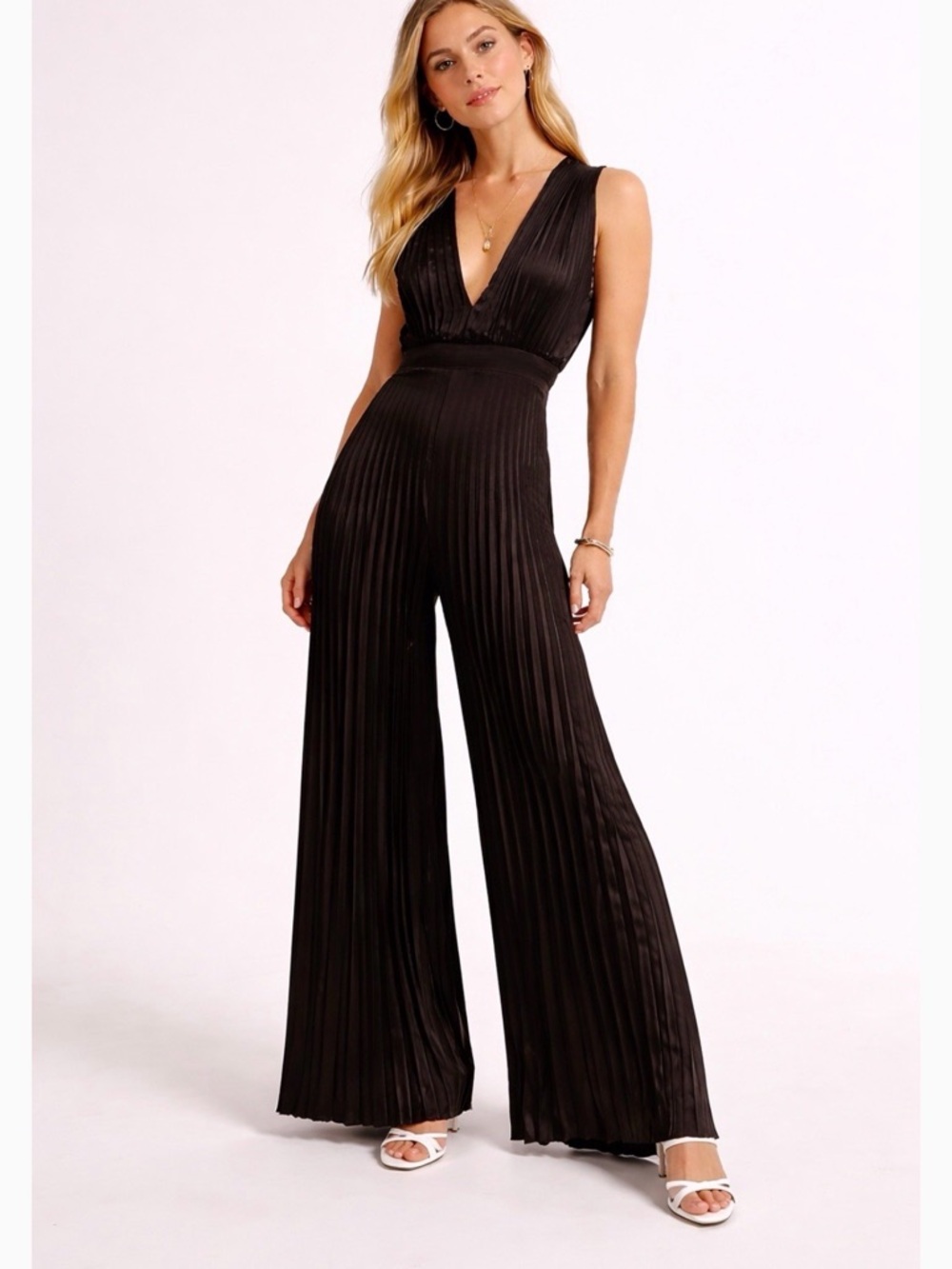 Abercrombie & Fitch Black Pleated V-Neck Wide-Leg Jumpsuit
